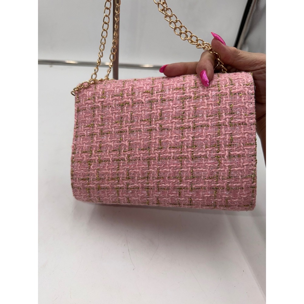 Pink Tweed Gold Metallic Chain Strap Fashion Shoulder Bag with Turn Lock Closure - Picture 6 of 9